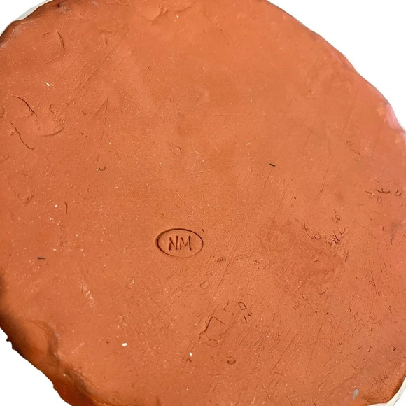 Black White Hand Painted Diamond Pattern Terracotta Bowl 8.5” Signed NM - Picture 2 of 7